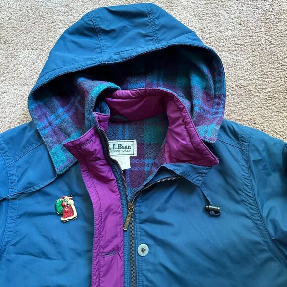 LL Bean Jacket Womens XL Vtg Wool Full Zip Blue Purple USA Made Hood - Picture 8 of 13